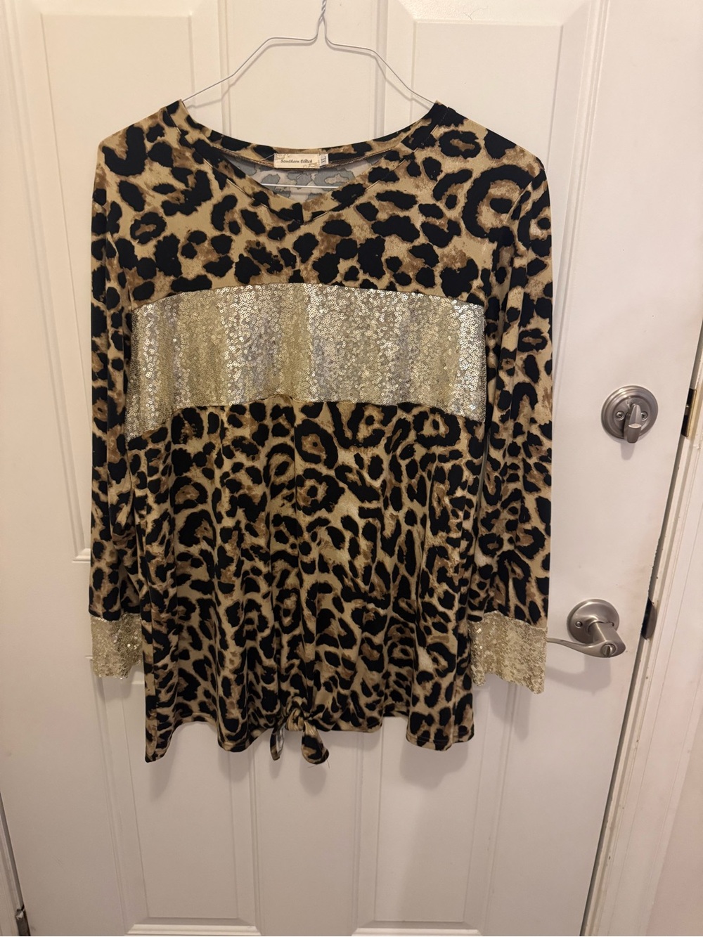 Southern Stitch Leopard Print Sequin Accent Long Sleeve Top
